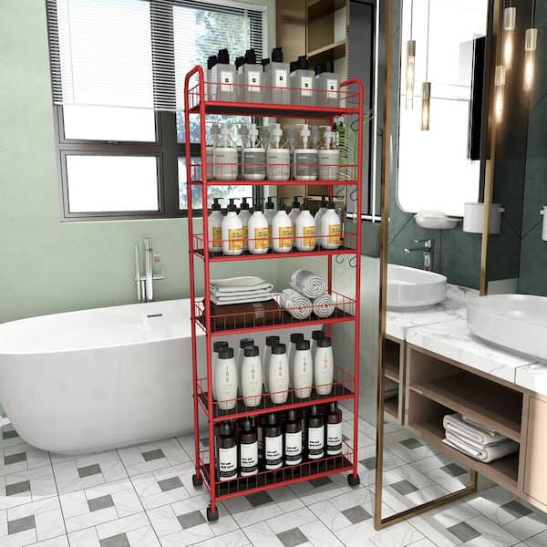 Tileon 6-Shelf Red Metal Slim Storage Cart, Mobile Wire Rack Shelving Unit with Baskets (23 in. W x 10 in. D x 61 in. H)