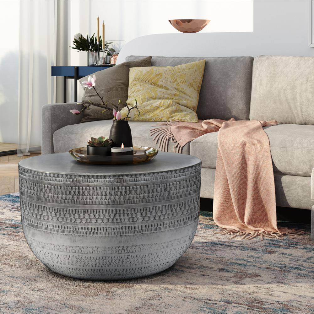 Handcrafted 30" Antique Silver Round Metal Coffee Table