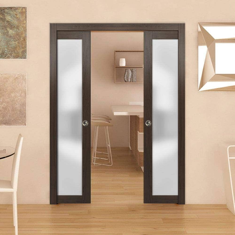 Modern Dark Brown Double Pocket Doors with Frosted Glass