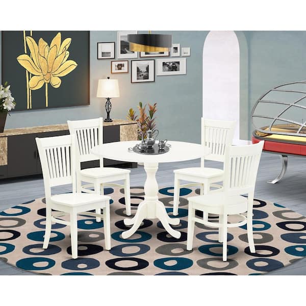 East West Furniture 5-Piece Round Linen White Finish Solid Wood Top Dining table with 4 Chairs with Drop Leaf Slat Back