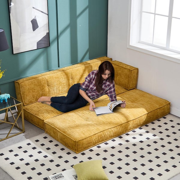 HOMEFUN 78 in. Modern Upholstered Square Arm Chenille Pull Out Rectangle Sofa Convertible Sofa Bed with Side Pockets in Yellow