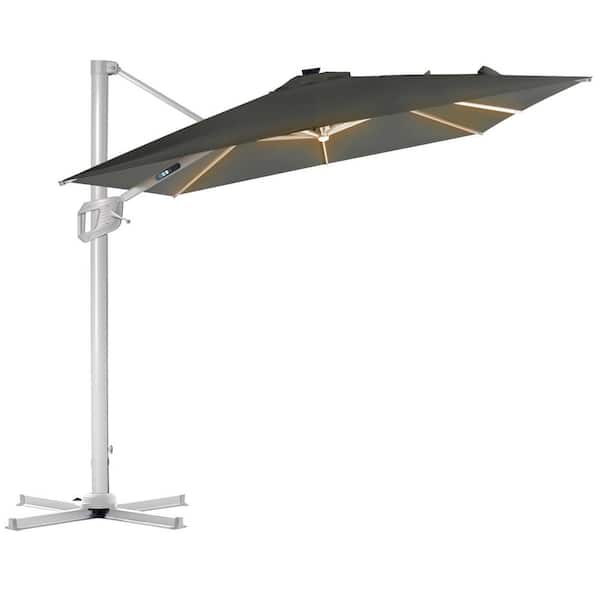 PASAMIC 10 ft. Aluminum Square Patio Offset Umbrella Cantilever Umbrella, Center light And Strip Lights in Dark Grey