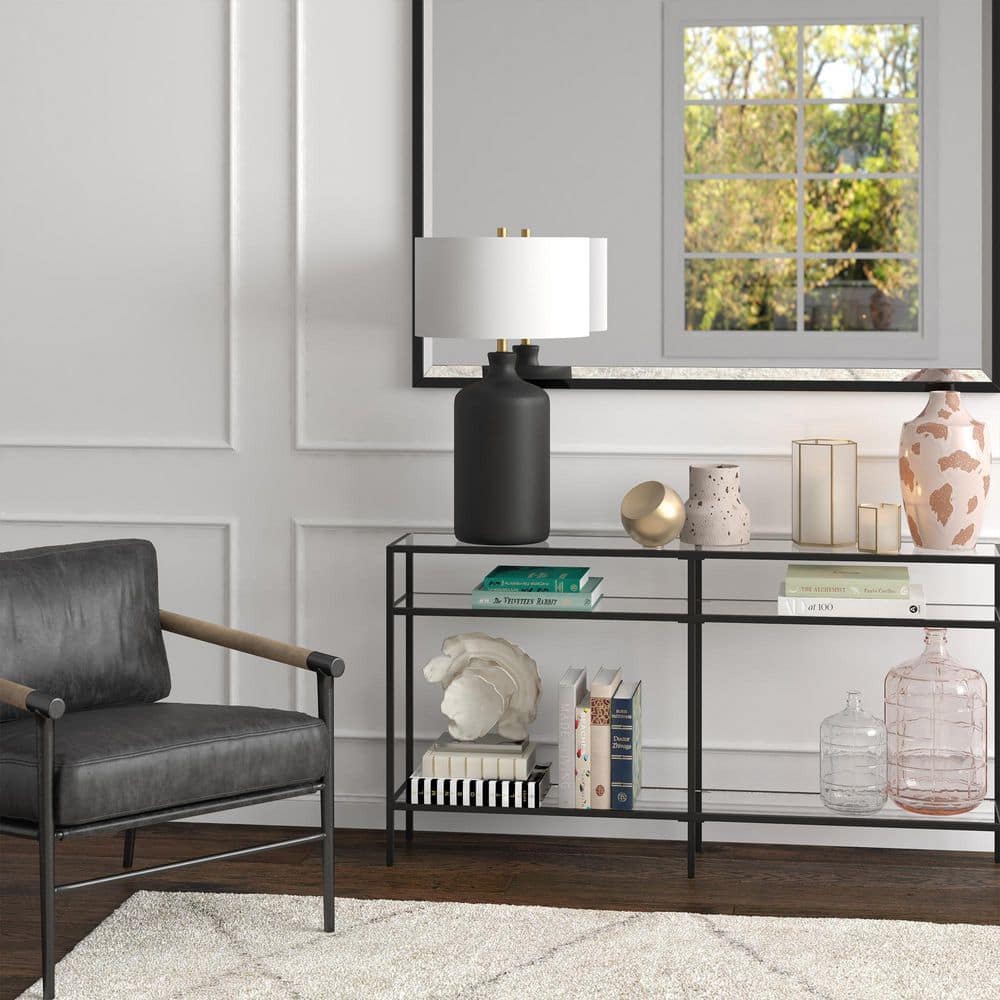 Matte Black Ceramic Nightstand Lamp with White Drum Shade