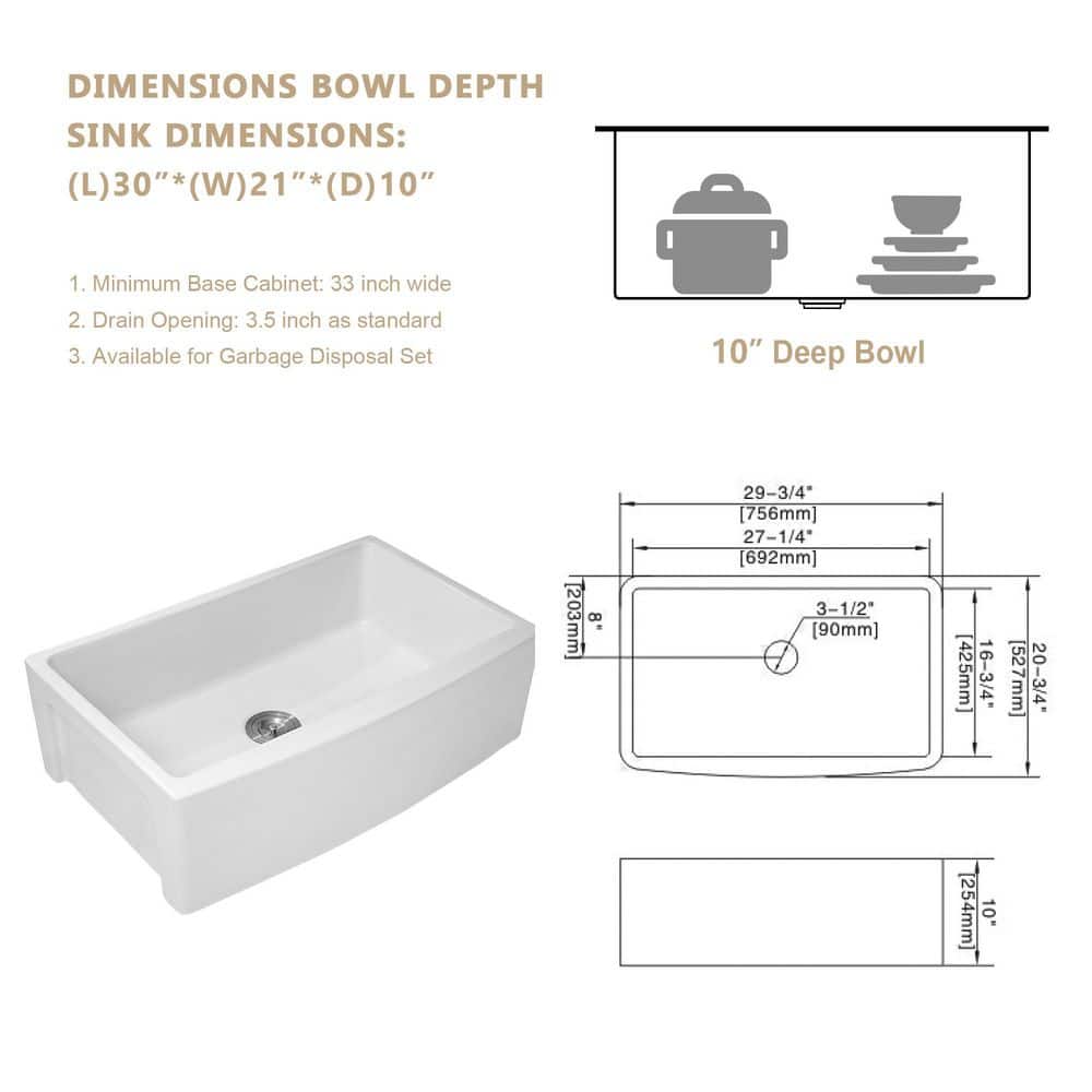 30'' Glossy White Ceramic Farmhouse Apron-Front Single Bowl Kitchen Sink