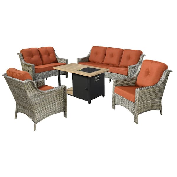 XIZZI Crius Gray 5-Piece Wicker Patio Rectangular Fire Pit Set with Orange Red Cushions