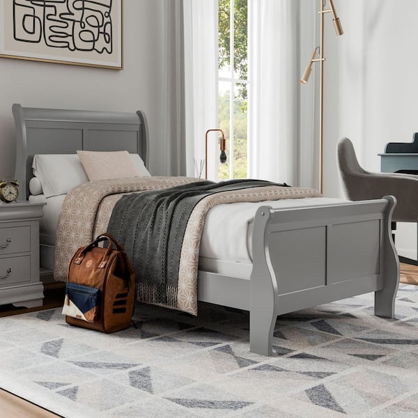 Burkhart II Gray Wood Frame Twin Sleigh Bed with Slat Kit
