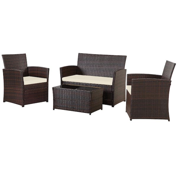 LAUREL CANYON Brown Rattan 4 Piece Patio Set Chairs Bistro Set Rattan Conversation Set, With Beige Cushion