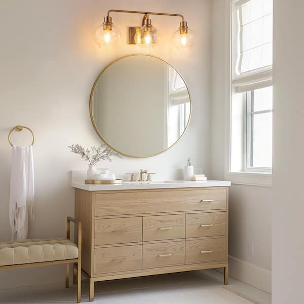 27 in. 3-Light Brushed Nickel Vanity Light with Clear Glass Shades, Wall Sconce for Vanity Mirror or Dressing Room