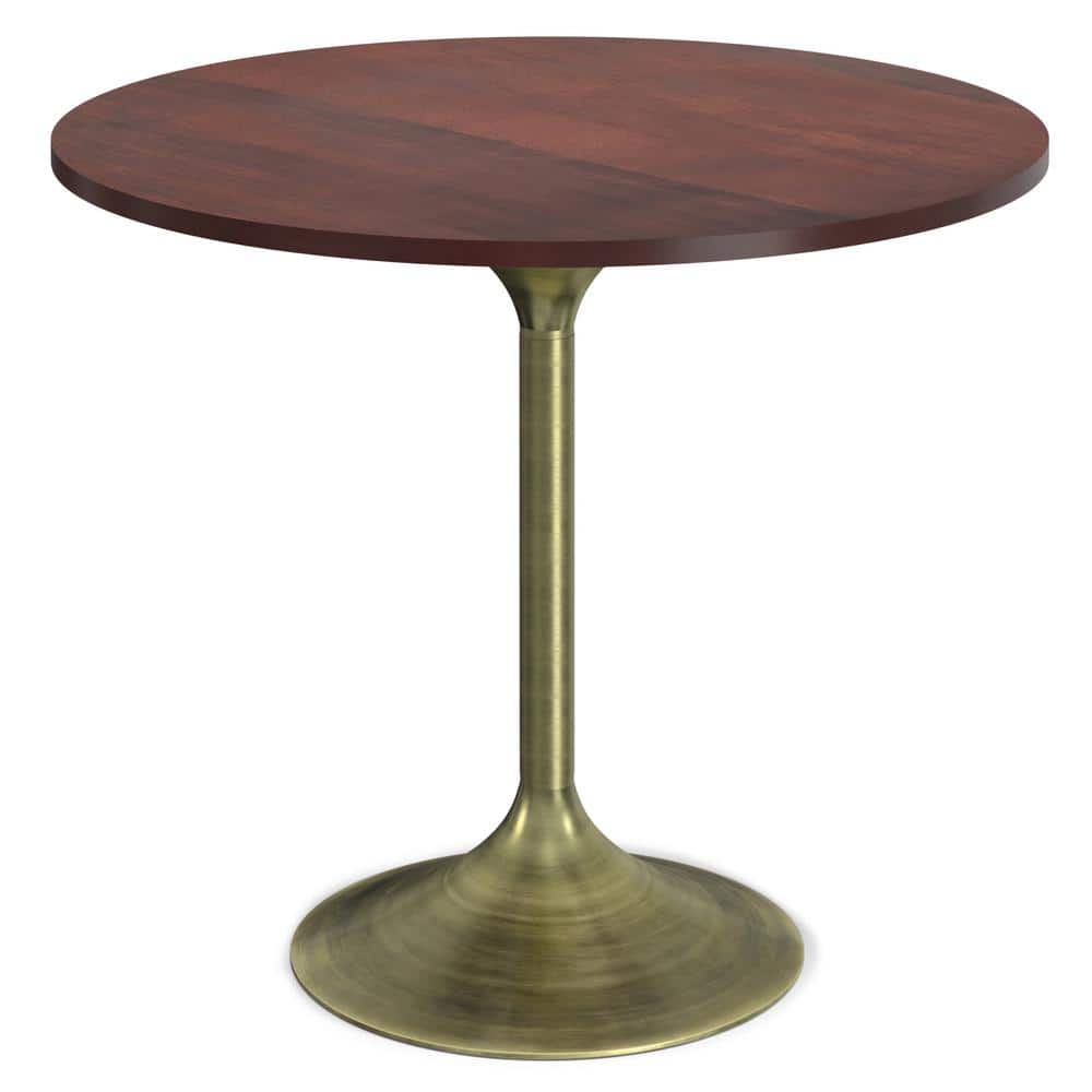 Radford Round Walnut Wood and Antique Brass Pedestal Dining Table