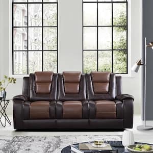 Danio 85.5in.W Straight Arm Faux Leather Rectangle Manual Reclining Sofa w/ Center Drop-Down Cup Holders in 2-tone Brown