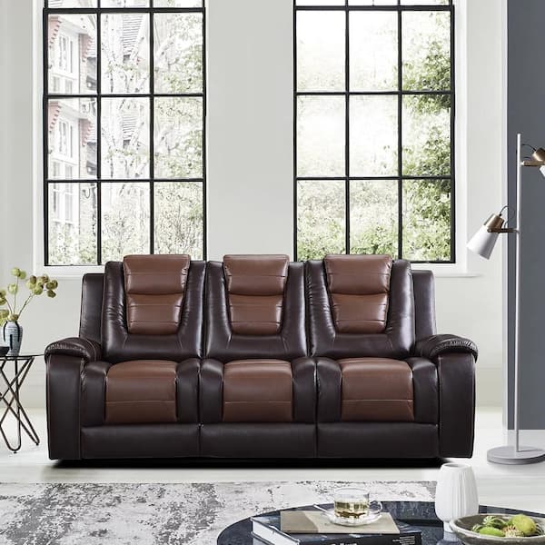 Homelegance Danio 85.5in.W Straight Arm Faux Leather Rectangle Manual Reclining Sofa w/ Center Drop-Down Cup Holders in 2-tone Brown