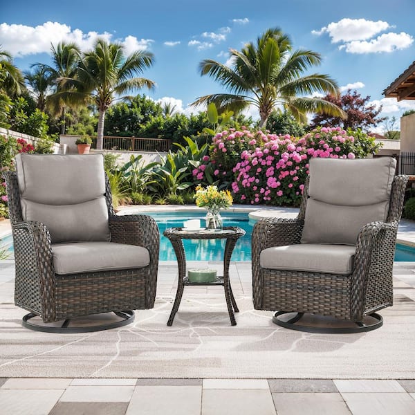 moosprr Crescent 3-Piece Brown Wicker Outdoor Bistro Sets with Gray Olefin Cushions and Matching End Table