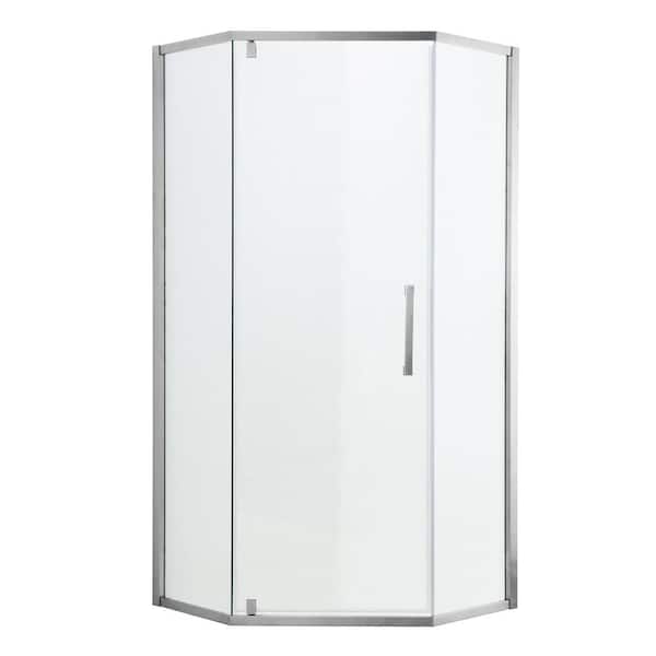 LORDEAR 34-1/8 in. W x 72 in. H Hinged Semi-Frameless Neo-Angle Shower Enclosure/Door in Chrome with Clear Glass