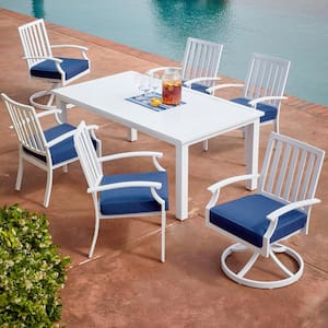 Bridgeport 7-Piece White Aluminum Outdoor Dining Set with Blue Cushions