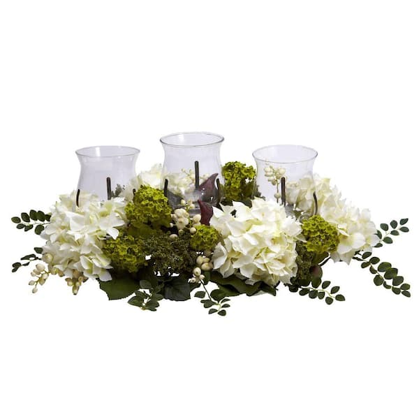 Nearly Natural 9.5 in. Artificial H White Snowball Hydrangea Triple Candelabrum