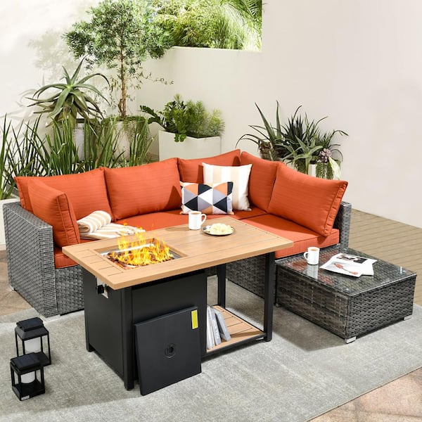 Riley 6-Piece Wicker Patio Rectangular Fire Pit Set with Orange Red Cushions