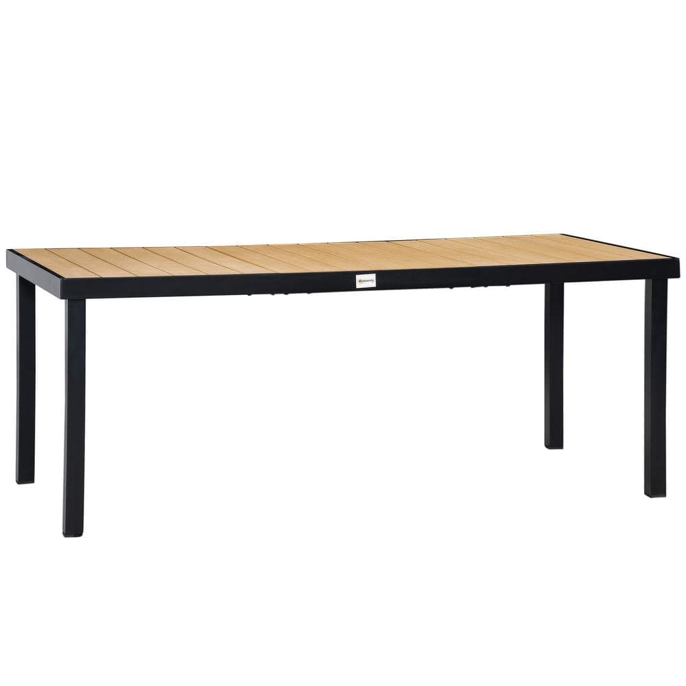 Natural Wood-Like Slat Top Rectangular Outdoor Dining Table with Black Aluminum Frame