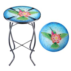 21 Inch Side Table Round Outdoor, Tables for Patio Mosaic Glass Tabletop Coffee Table Plant End Porch Table Indoor Green