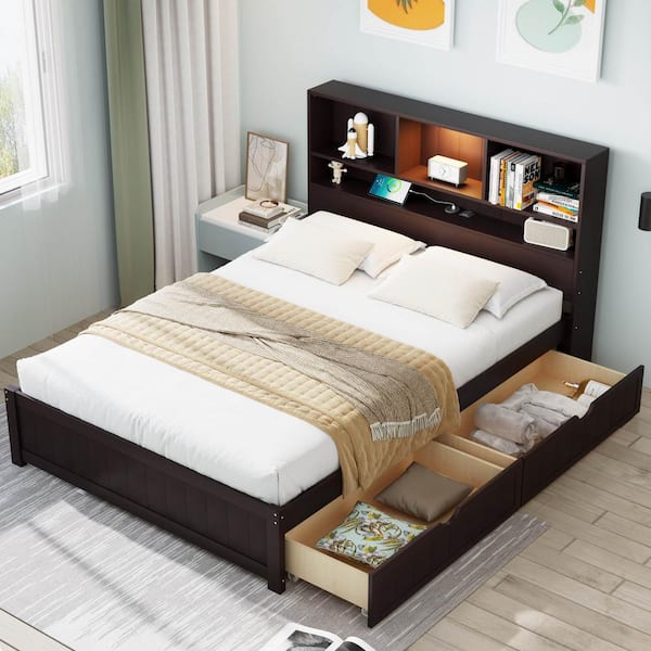 Polibi Brown Wood Frame Full Platform Bed with Bookcase Headboard