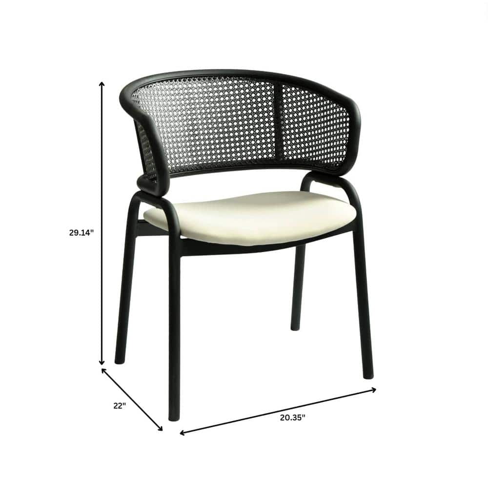 Modern Black Metal and Cane Arm Chair with Beige Upholstered Seat