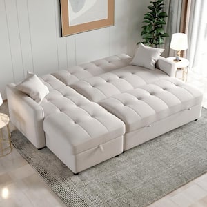 81.9 in. Light Gray Cotton Reversible Sectional Sofa with Sleeper Queen Size Sofa Bed