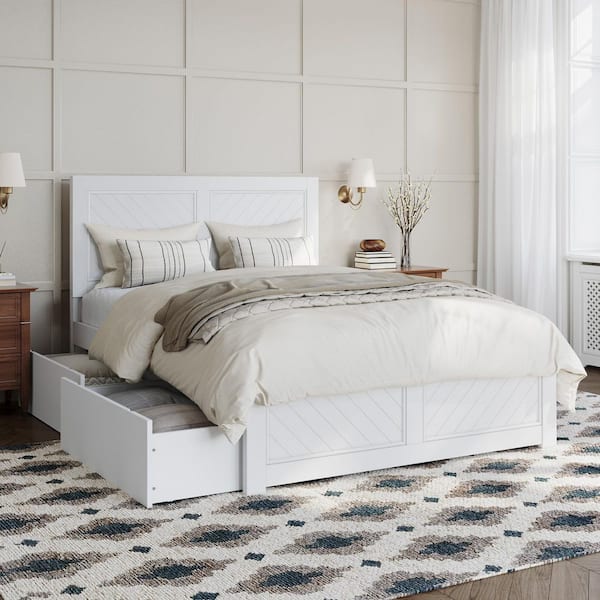 Canyon White Solid Wood Full Platform Bed with Matching Footboard and Storage Drawers