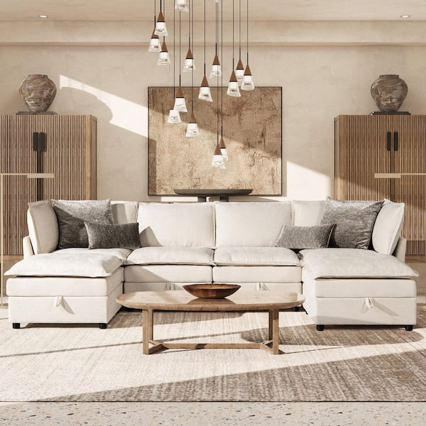 Sadie 124 in. U-Shaped Pillow Top Arm Chenille Modular Sectional Sofa-in.-a-Box with Storage in Sandstone Light Beige