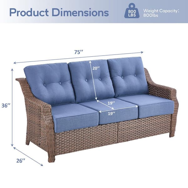 Modern Farmhouse 3-Seat Brown PE Wicker Outdoor Couch with 6 in. Olefin Blue Cushions/Wide Armrest