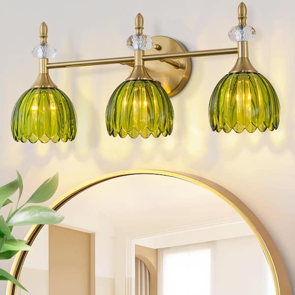 20 in.3-Light Modern Brass Bathroom Vanity Light with Green Glass Shades Wall Sconce for Bathroom Bedroom Hallway Mirror