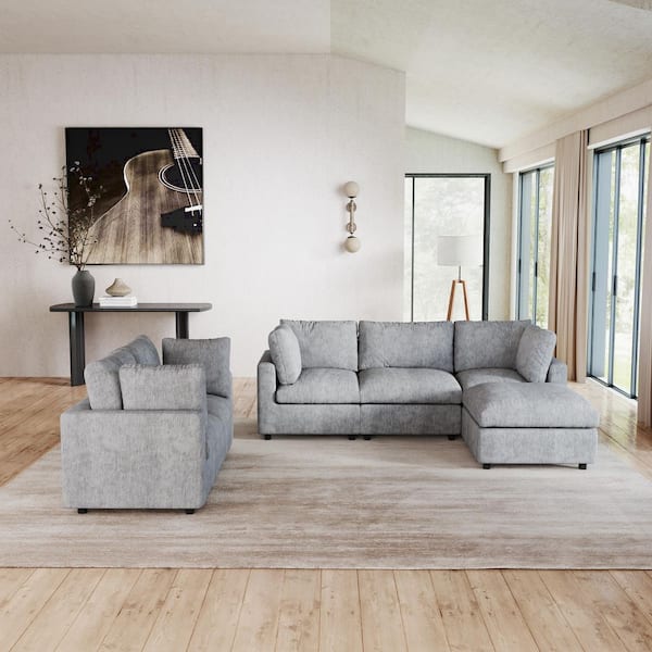 6-Piece Modular Gray Chenille Fabric Cloud Sectional Sofa Living Room Set with Washable Covers, Ottoman, Pine Wood Frame