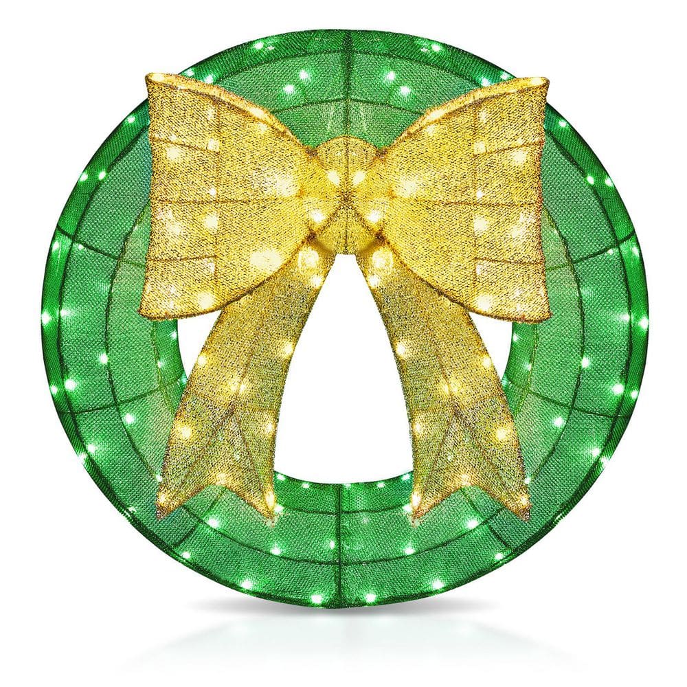 24 in. Green Pre-Lit LED Green Artificial Christmas Wreath with Gold Bow Holiday Decoration price history on PriceWatchPro