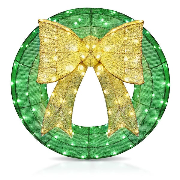 24 in. Green Pre-Lit LED Green Artificial Christmas Wreath with Gold Bow Holiday Decoration