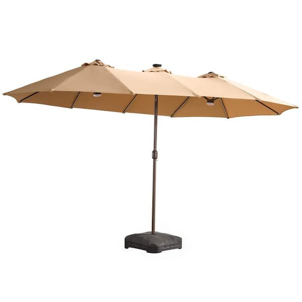 Peony 14.5 ft. Steel Outdoor Market Patio Umbrella Double Sided Umbrella with Base in Khaki