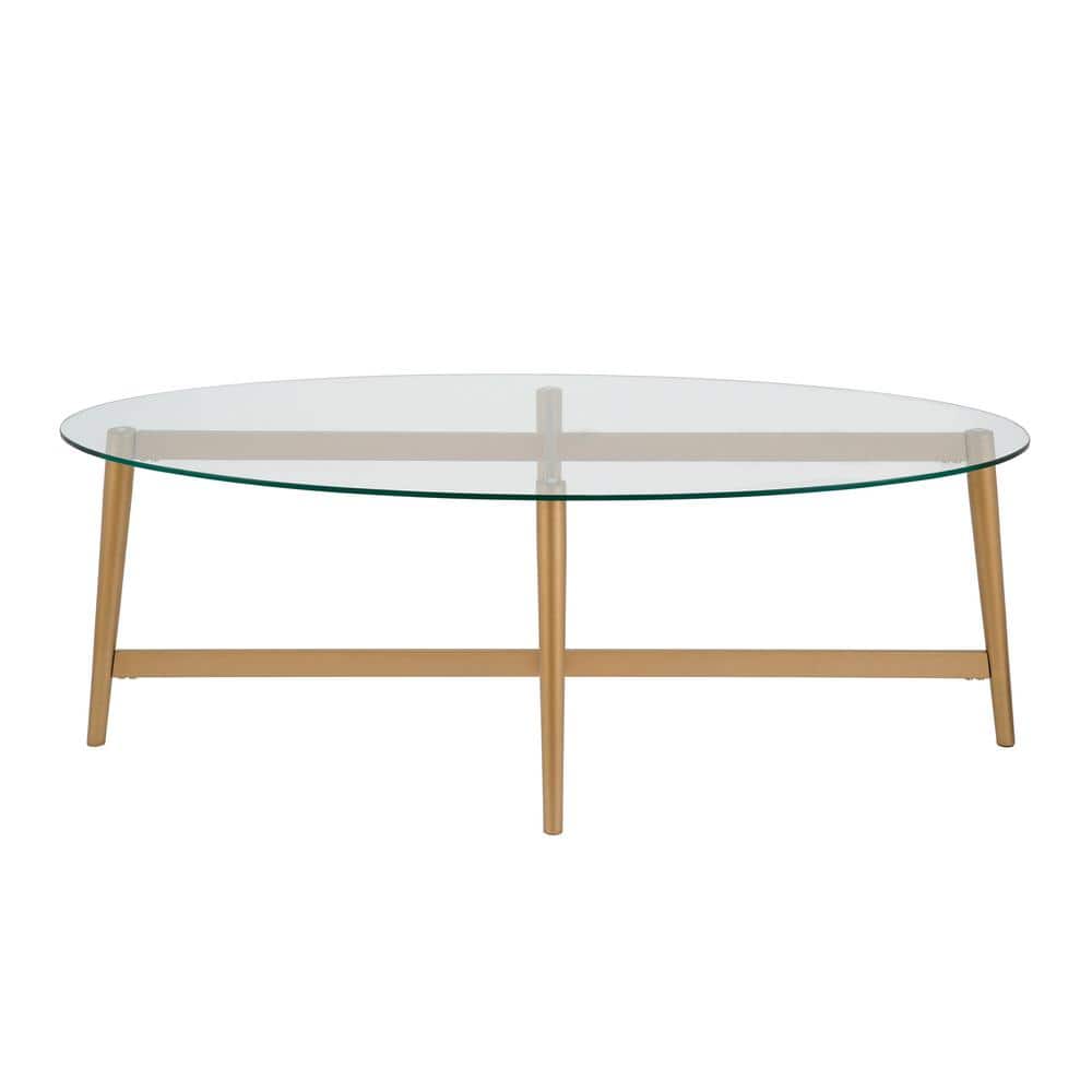 Elliptical Brass and Glass X-Base Coffee Table