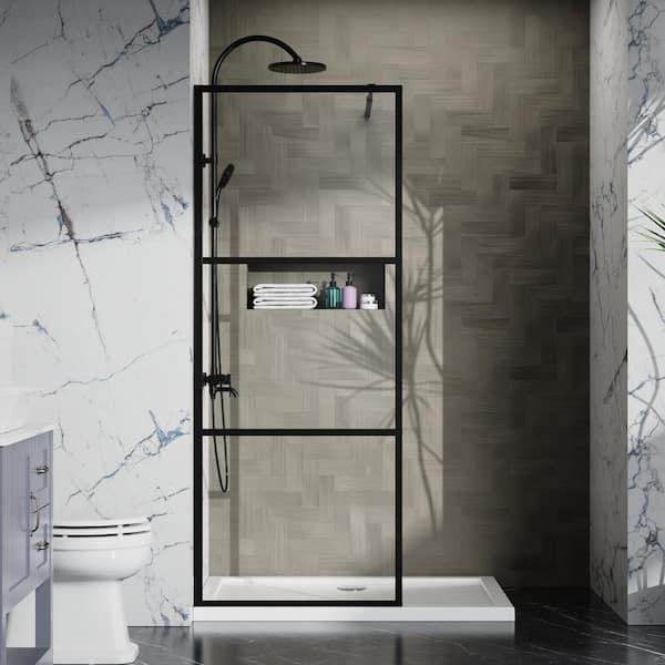 34 in. W x 72 in. H Walk-in Fixed Framed Shower Door, 3-Panel Design Shower Screen Door w/ Clear Tempered Glass in Black