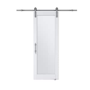 30 in. x 80 in. 1-Lite Tempered Frosted Glass Primed White MDF Sliding Barn Door with Hardware Kit Nickel Plated