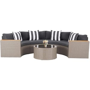 5-Piece Wicker Outdoor Half-Moon Sectional Sofa Set with Gray Cushions and Round Table