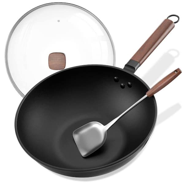 13 in. Carbon Steel Wok with Glass Lid, Nonstick Pre-Seasoned Flat Bottom, Induction Gas Electric Compatible