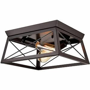 12.2 in. 2-Light Farmhouse Flush Mount for Hallway Entryway Kitchen, Rustic Industrial Caged Ceiling Lamp in Black