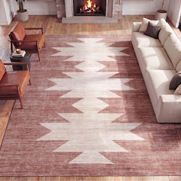 Peyton Minimalist Geometric Totem Non-Slip Machine-Washable Rose Clay/Cream 5 ft. x 8 ft. Area Rug