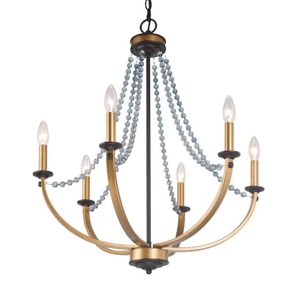 6-Light Black and Gold Candlestick Chandelier with Crystal Beads
