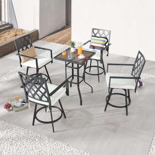TOP HOME SPACE Black 5-Piece Metal Outdoor Bistro Set with White Cushion