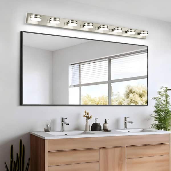 63 in. 8-Light Nickel LED Bathroom Vanity-Light with Dimmable 5500K and 270° Swivel Range Acrylic Lampshade