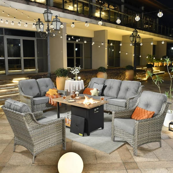 XIZZI Crius Gray 5-Piece Wicker Patio Rectangular Fire Pit Set with Dark Gray Cushions