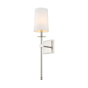 1-Light Polished Nickel Wall Sconce with White Fabric Shade