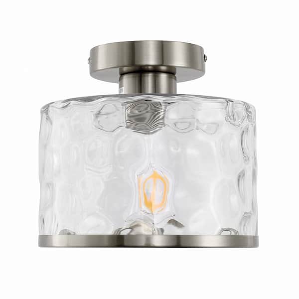 Briignite 9 in. 1-Light Brushed Nickel Metal Semi-Flush Mount with Water Glass Shade for Hallway and No Bulbs Included 1-Pack