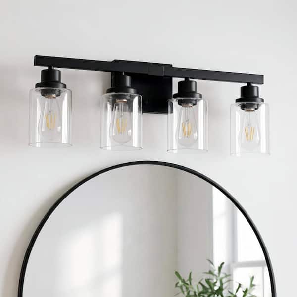 24 in. 4 Light Modern black Finish Vanity Light Fixture Bathroom Over Mirror Wall Lights Clear Glass Shades Living Room