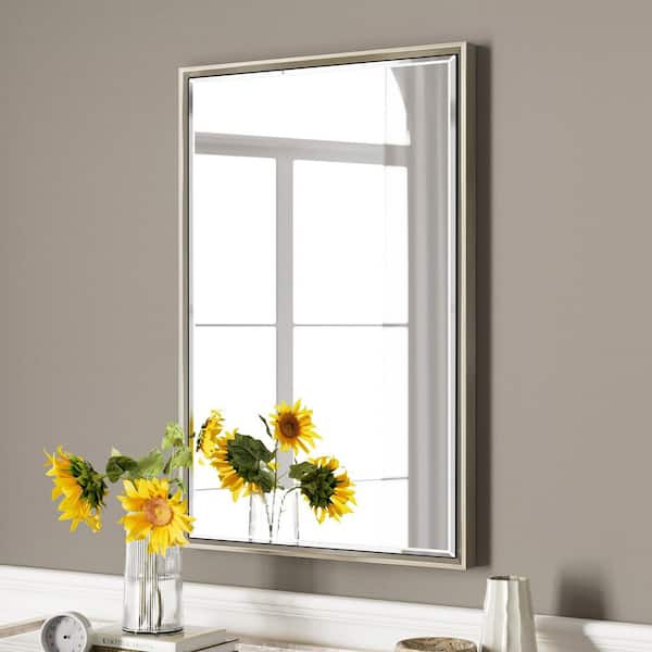 QueenFun OnaBella 24 in. W x 36in. H Rectangular Aluminum Thin Framed Wall Mount Beveled Bathroom Vanity Mirror in Brushed Nickel