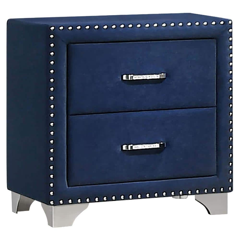 Pacific Blue Velvet Upholstered 2-Drawer Nightstand with Nailhead Trim