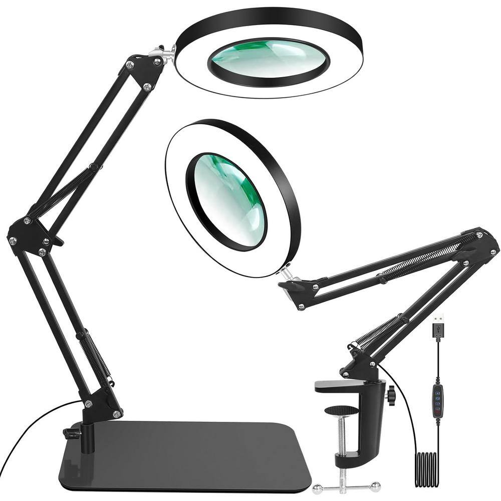 5 in. 12x Magnifier Glass with Light and 5 Color Modes LED Desk Lamp in Bla